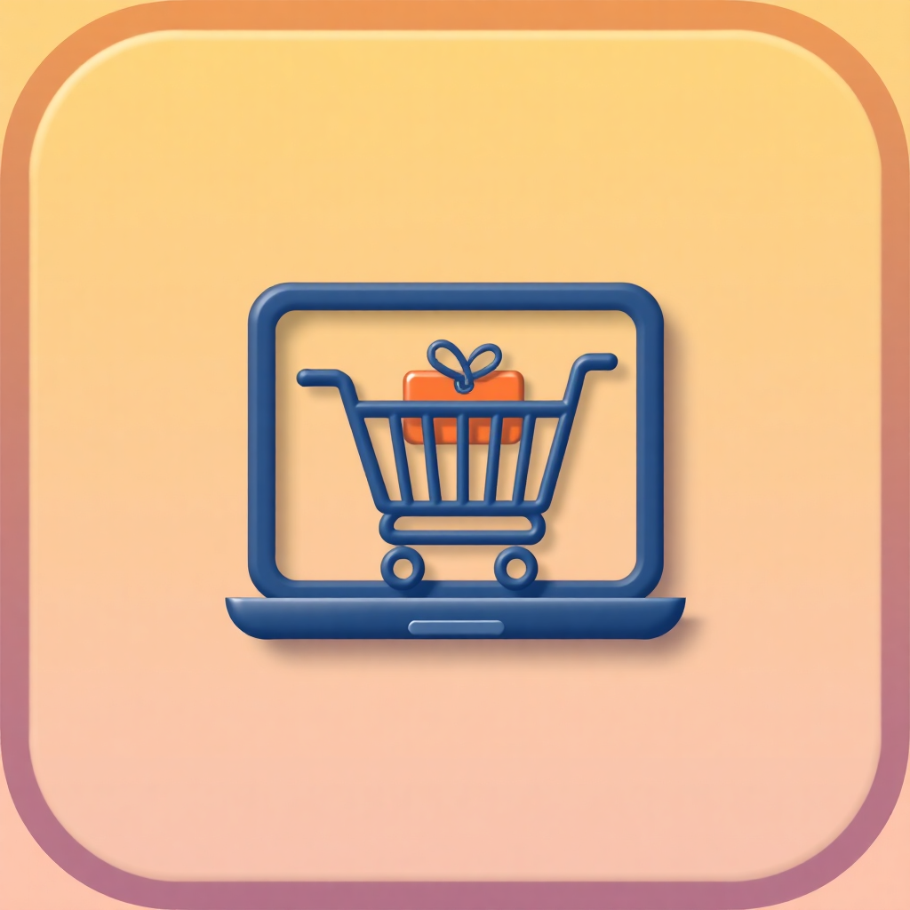 The image is a square icon with a light peach background. In the center of the icon, there is a blue rectangular frame with a small shopping cart inside it. The shopping cart has a red gift box in the center with a blue ribbon tied around it. Inside the shopping cart, there are two small wheels. The overall design is simple and minimalistic.