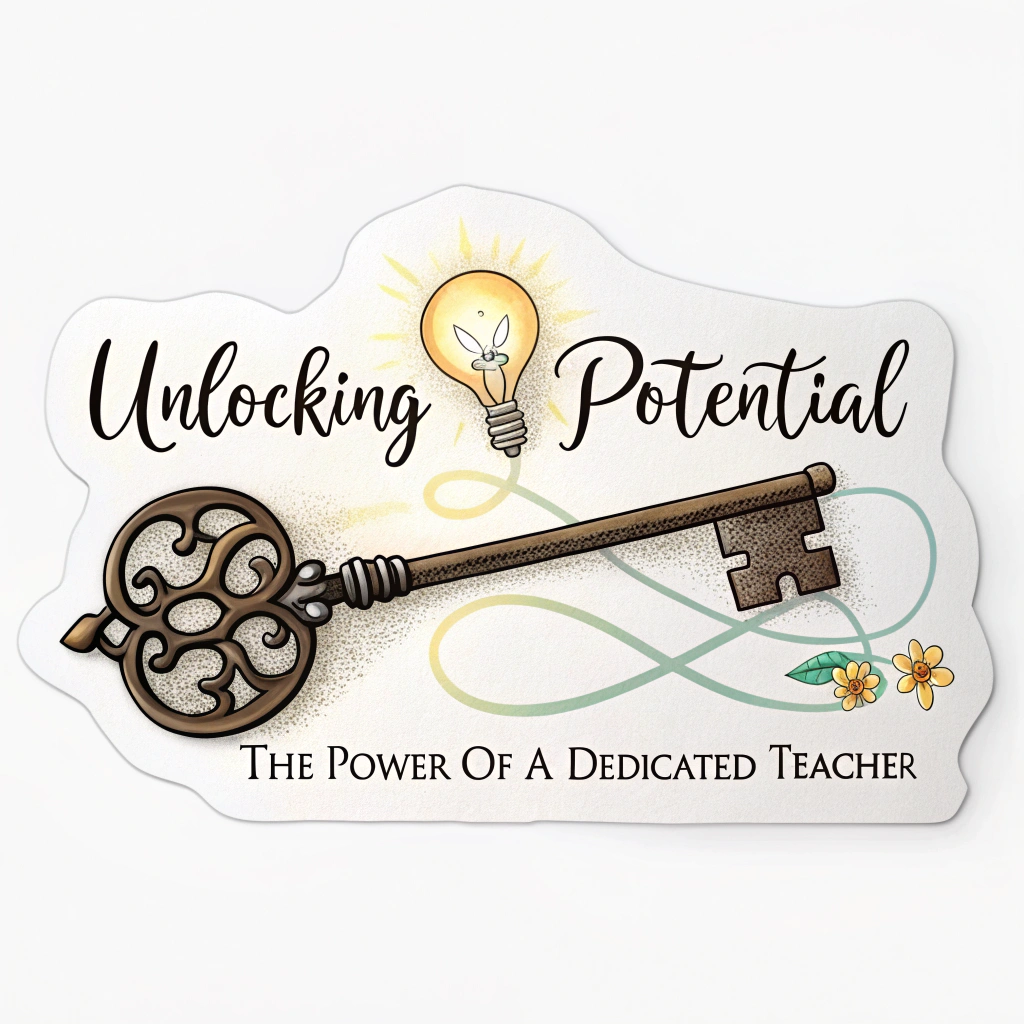 Sticker Design 1: The 'Key to Knowledge'. A stylized, ornate key with a small, glowing lightbulb or star at its tip. The text 'Unlocking Potential' curves around the top, and 'The Power of a Dedicated Teacher' sits subtly below.