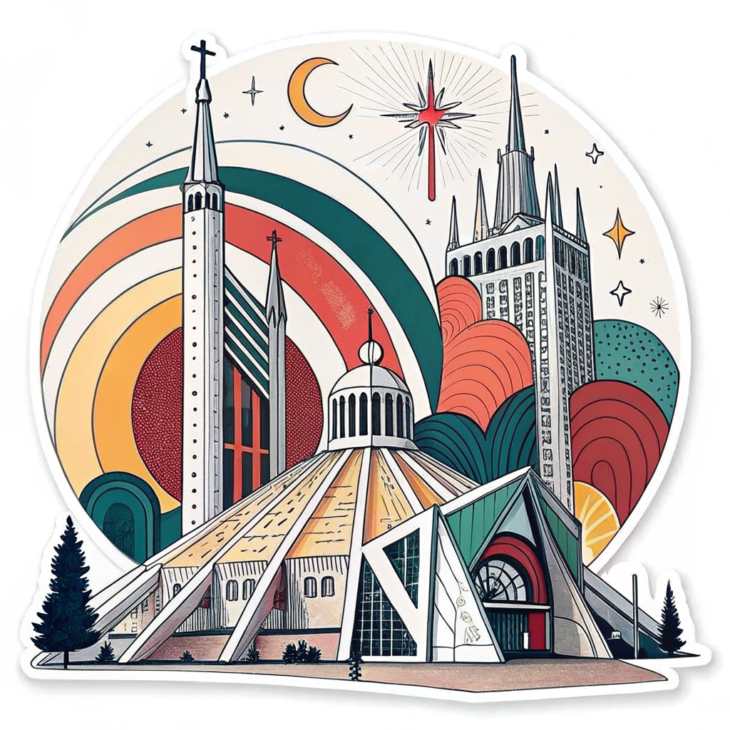 An abstract sticker design incorporating key geometric shapes and structural elements of the Kinetic Cathedral (arches, spires) into a dynamic, layered composition with vibrant, contrasting colors and a sense of depth.