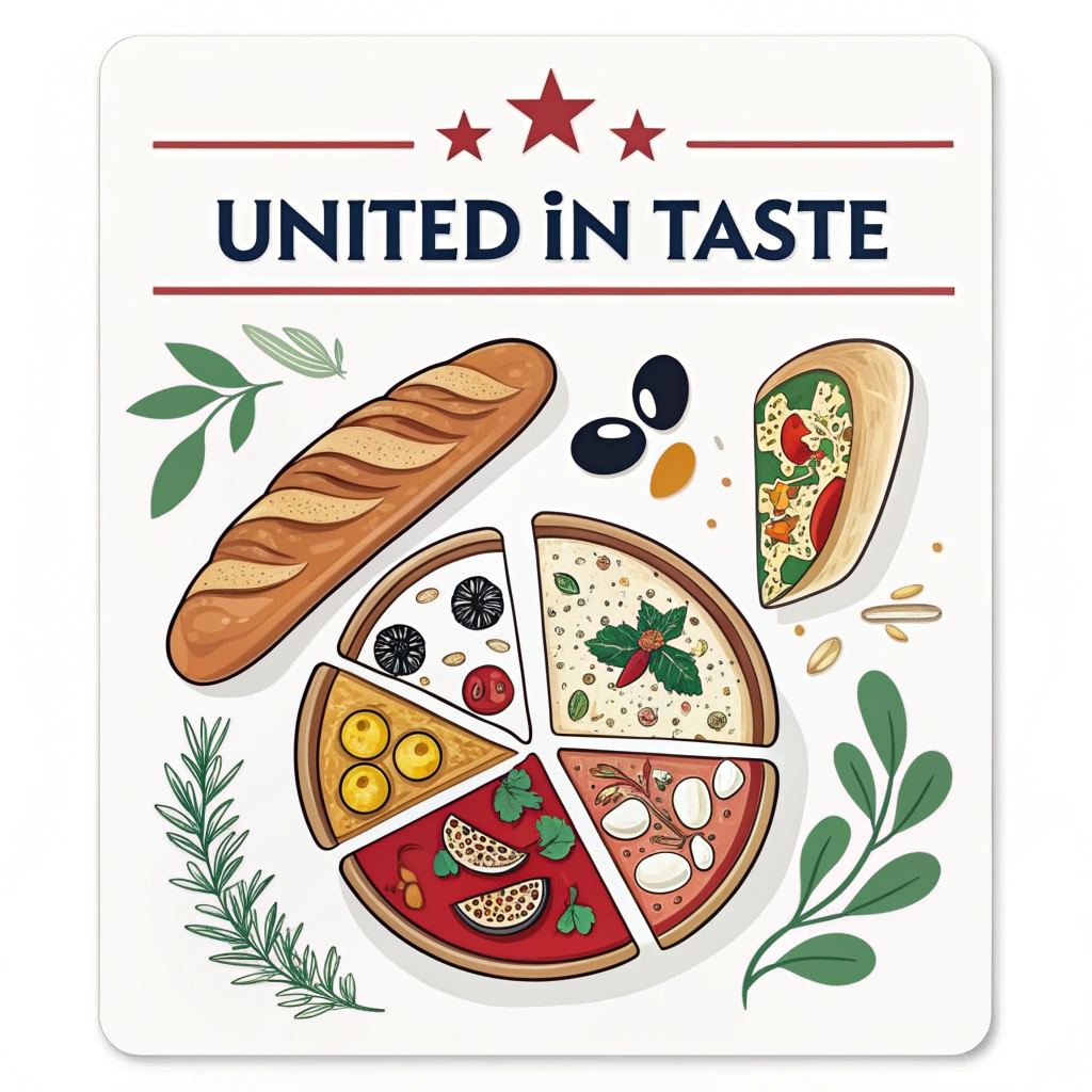 A sticker with the text 'United in Taste' above a collage of European culinary symbols.