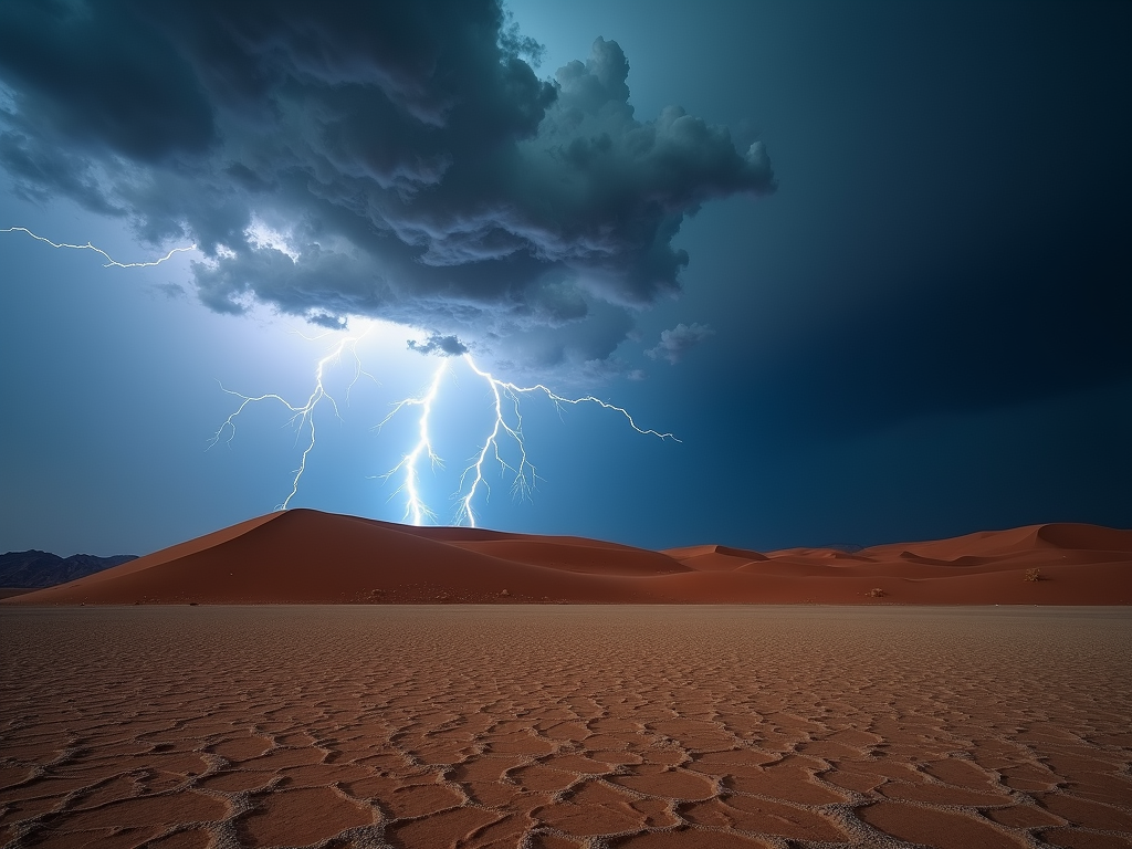 A breathtaking wallpaper featuring a thunderstorm over a desolate desert landscape. Jagged bolts of lightning streak across a menacing sky, casting stark shadows over the arid dunes. The contrast between the dry, cracked earth and the furious storm above creates a powerful image of nature's extremes. The eye-catching lightning adds a dynamic element to the otherwise barren scene.