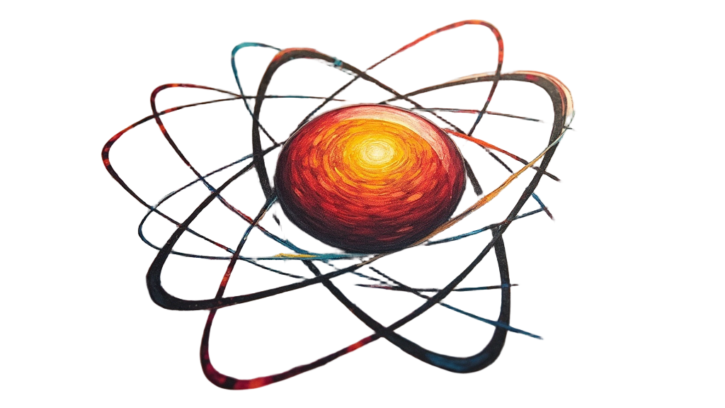 A central atomic nucleus with various orbital paths (s, p, d) shown as overlapping, translucent layers or geometric patterns, emphasizing their coexistence.