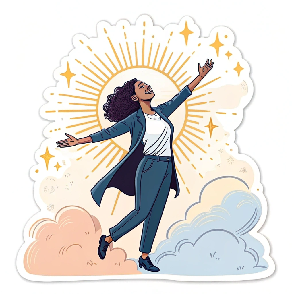 An icon showing a female figure with outstretched arms, radiating light and empowerment, symbolizing leadership and inspiration.