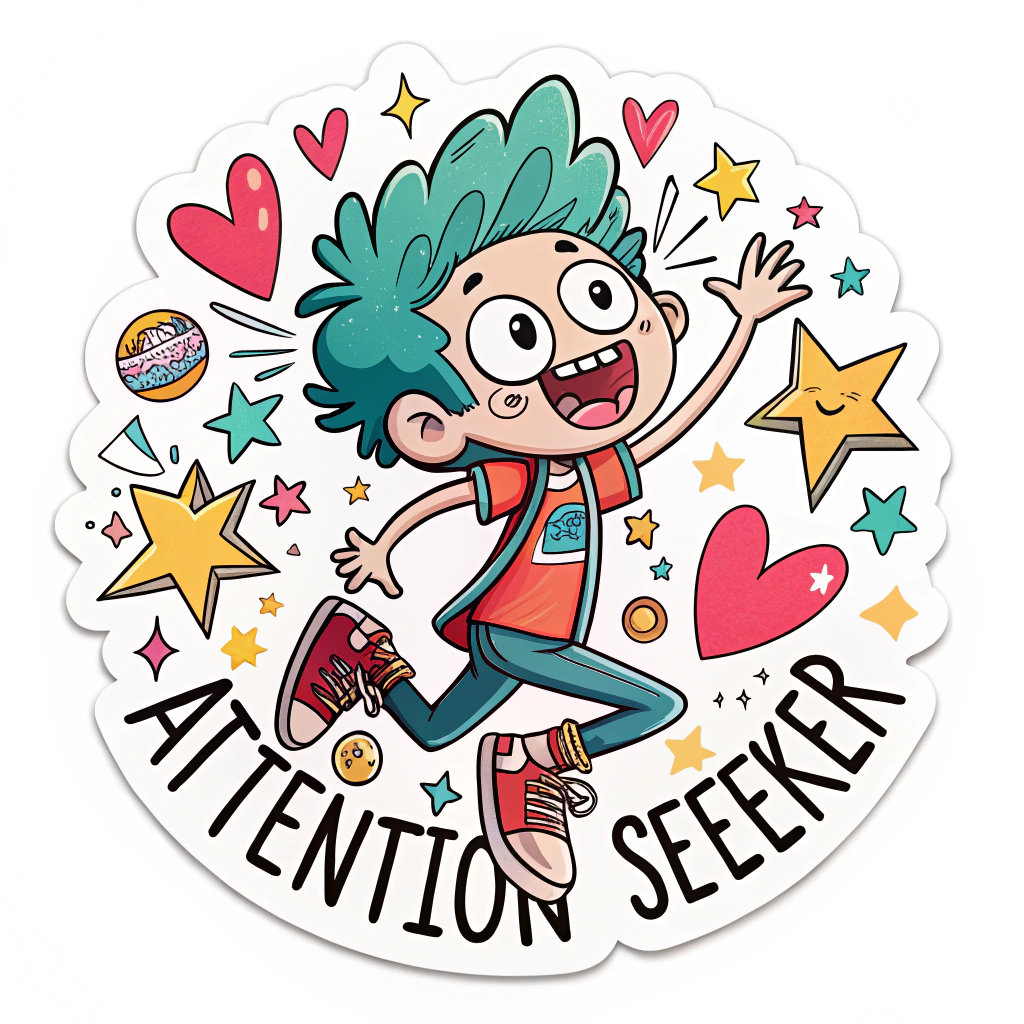 The image shows a cartoon sticker of a boy with green hair and the words 