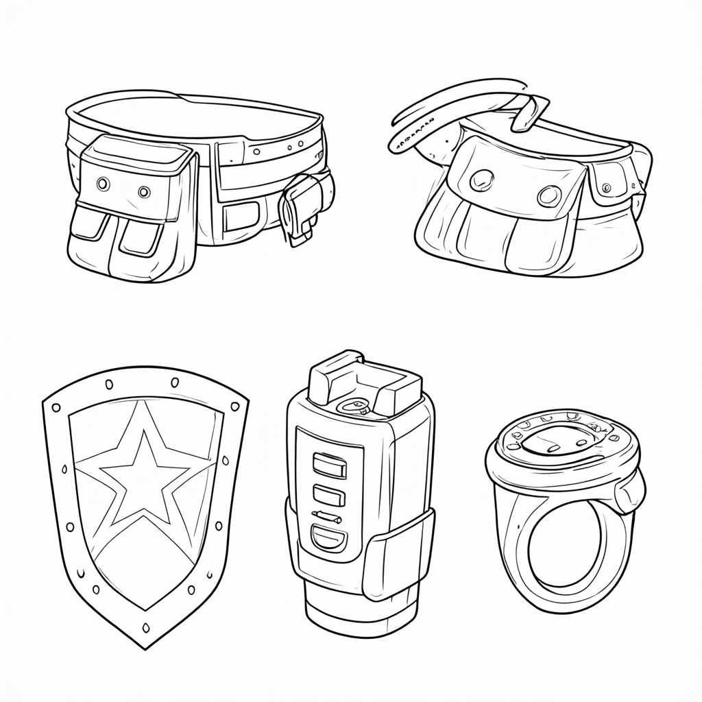 Pages dedicated to iconic superhero gadgets like utility belts, grappling hooks, shields, communicators, and power rings, shown individually or in small groups.