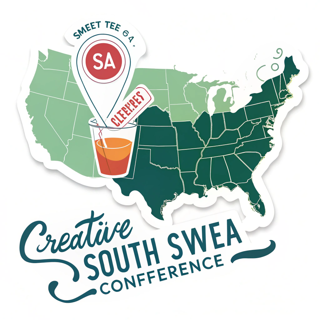 A stylized map of the Southern United States with a prominent marker over the location of the Creative South conference, and a sweet tea glass icon nearby.