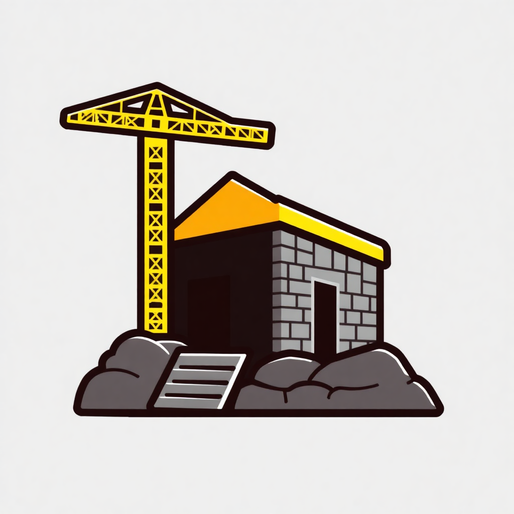 The image is an illustration of a construction site with a yellow tower crane on top of a small building. The building appears to be a small, rectangular structure with a sloping roof and a chimney on the right side. The tower crane is tall and slender, with a pointed top and a long arm extending from the bottom. It is supported by two large rocks on either side of the building. There is a ladder leaning against the building, suggesting that it is in the process of being built. The background is plain white.