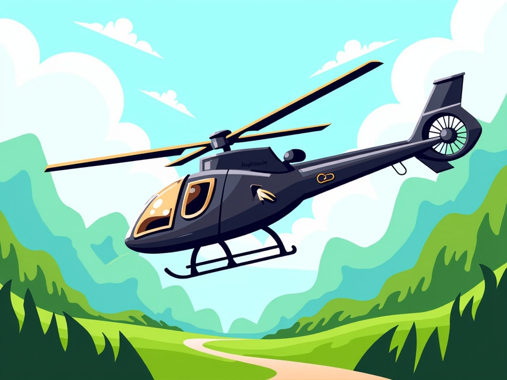 The image is an illustration of a black helicopter flying over a green landscape. The helicopter is in the center of the image, with its rotors spinning and its landing gear down. The background is a mountainous landscape with green hills and trees. The sky is blue with white clouds scattered across it. The ground is covered in greenery and there is a dirt path leading up to the helicopter. The overall color scheme of the illustration is bright and vibrant, with shades of green, blue, and yellow.