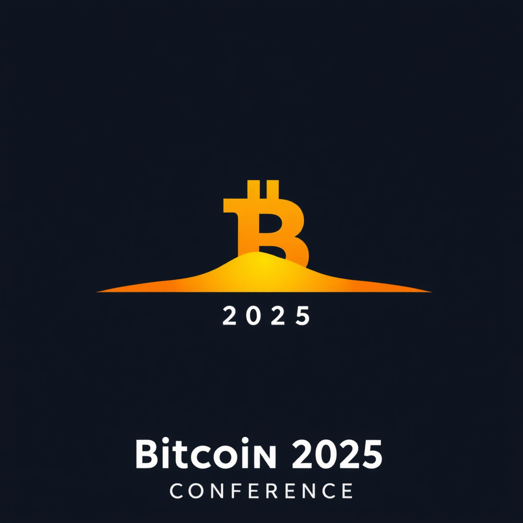 Sub-design Idea 1: Horizon Split ₿. A stylized Bitcoin symbol (₿) is bisected cleanly by a sharp horizon line. The portion above the line glows or uses brighter, more optimistic colors (e.g., gold, bright orange), representing increased value and the 'new dawn' post-halving. The lower half could be darker or fading, symbolizing the diminishing supply. '2025' integrated into the horizon line or subtly below. Focus on clean, modern typography for 'Bitcoin 2025 Conference'.