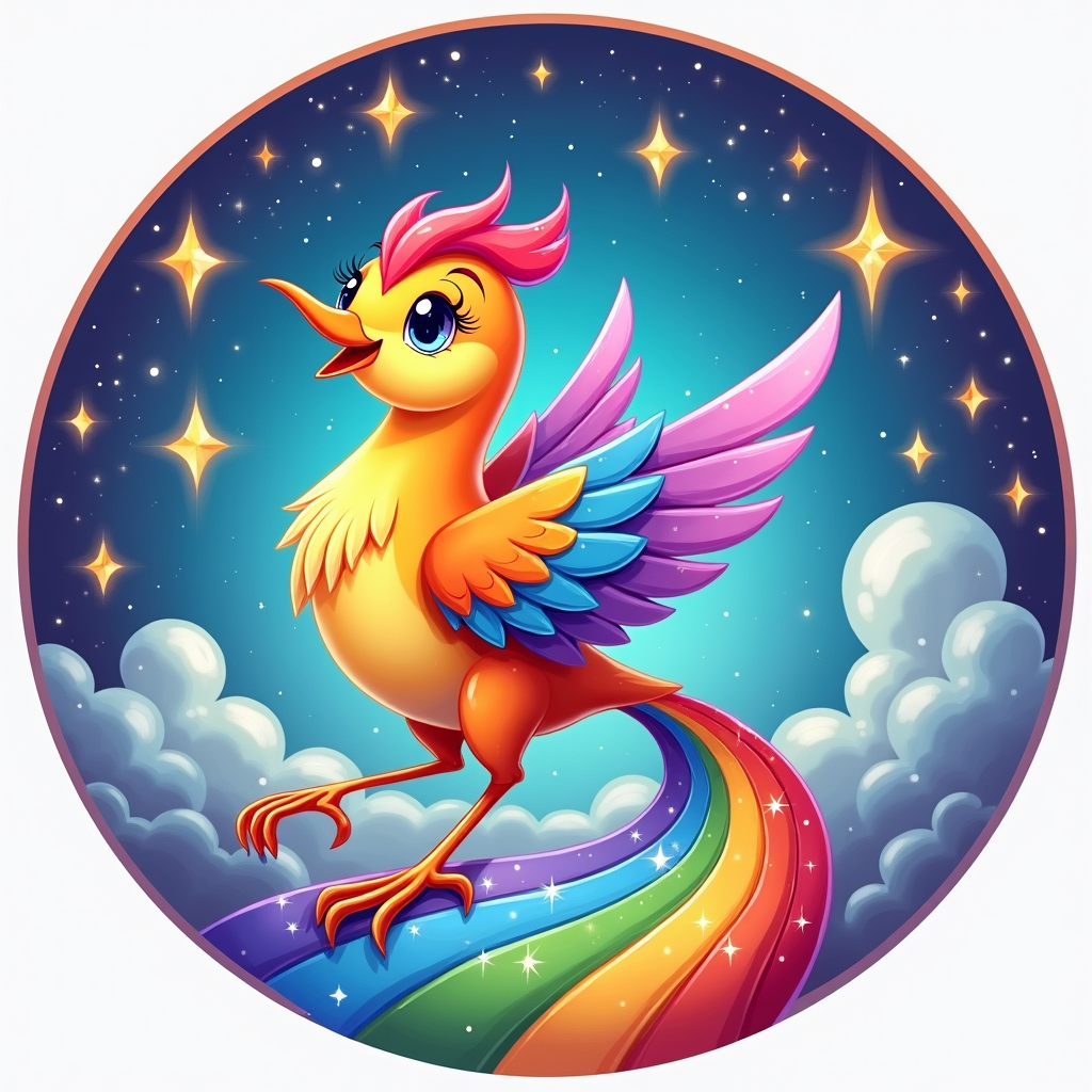 A circular logo with the rainbow bird at the center, encircled by elements like stars, clouds, and winding paths, to express its mystical and messenger nature.