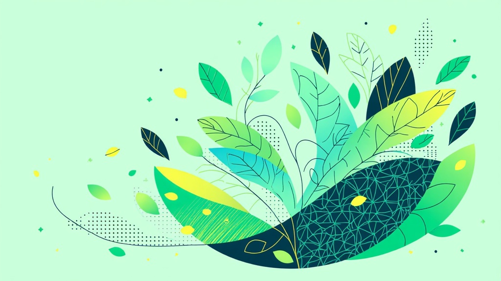 Illustrations showcasing a symbiotic relationship where technology (e.g., circuit patterns, code blocks) seamlessly integrates with natural elements (e.g., leaves, water, trees), emphasizing harmony and mutual growth. Visuals would use organic shapes blended with geometric tech motifs in a green and blue palette.