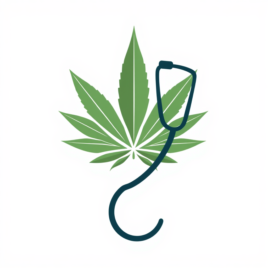 A modern, abstract mark composed of geometrically simplified shapes derived from both the cannabis leaf (e.g., angular leaflet segments) and the stethoscope (e.g., circles for the bell, arcs for tubing), fused into a unique, cohesive symbol.