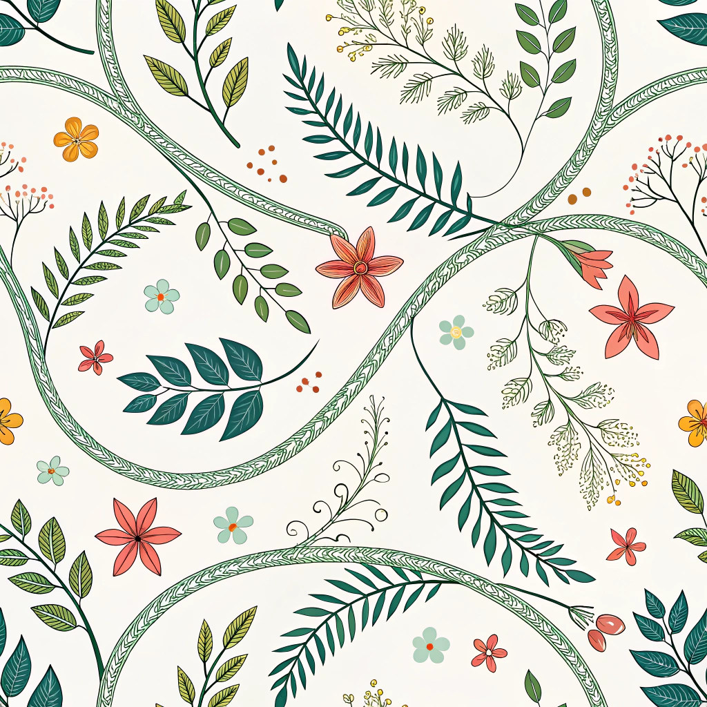 Intertwined botanical elements forming continuous loops, symbolizing material cycles and natural regeneration, with textures suggesting material transformation.