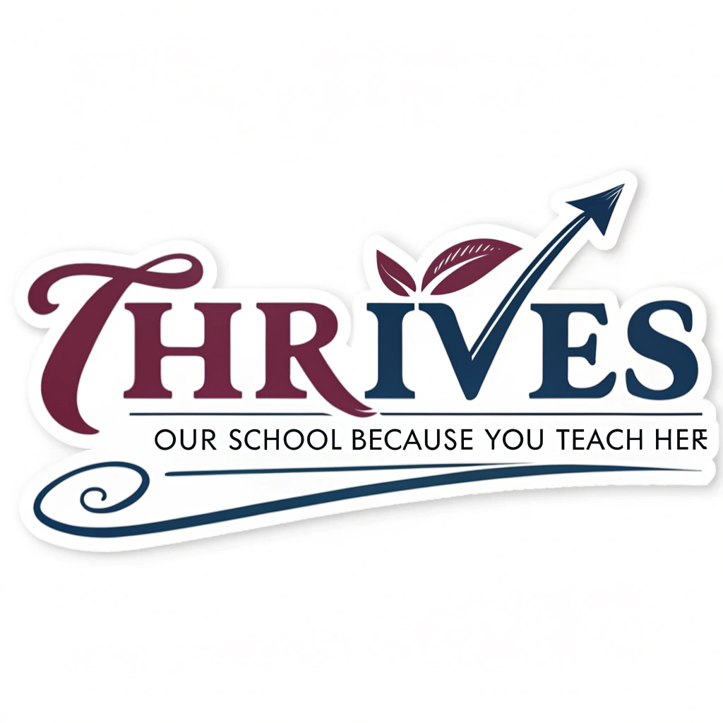 A simple, bold typographic design where the word 'THRIVES' is the largest and most visually dynamic element, styled to suggest growth (e.g., using a flourishing font or slight upward angle). The remainder of the slogan, 'Our School Because You Teach Here,' is arranged neatly and clearly around or below this focal word.