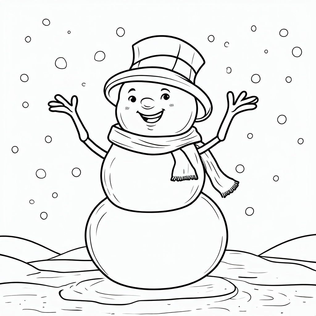 The image shows a sketch of a snowman wearing a hat and scarf, surrounded by snowflakes falling from the sky. At the bottom of the image, there is text that reads 