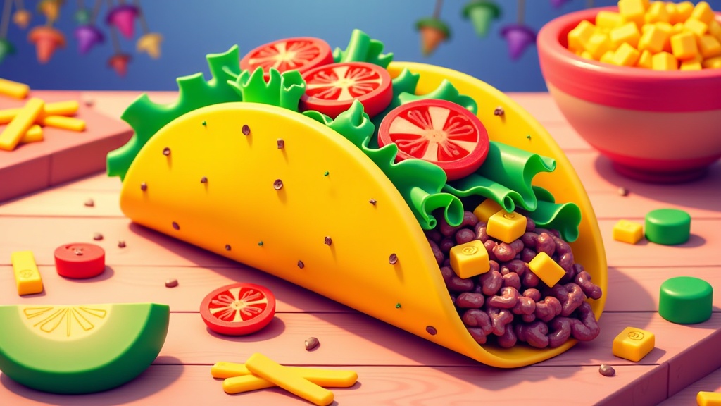  a colorful taco on a wooden table. The taco is yellow with green leaves on top and is filled with red and yellow beans. There are also slices of tomato and a slice of lime on the table. On the right side of the table, there is a red bowl filled with diced mangoes. The background is a blue wall with colorful flowers hanging from it. The overall color scheme of the image is bright and vibrant.