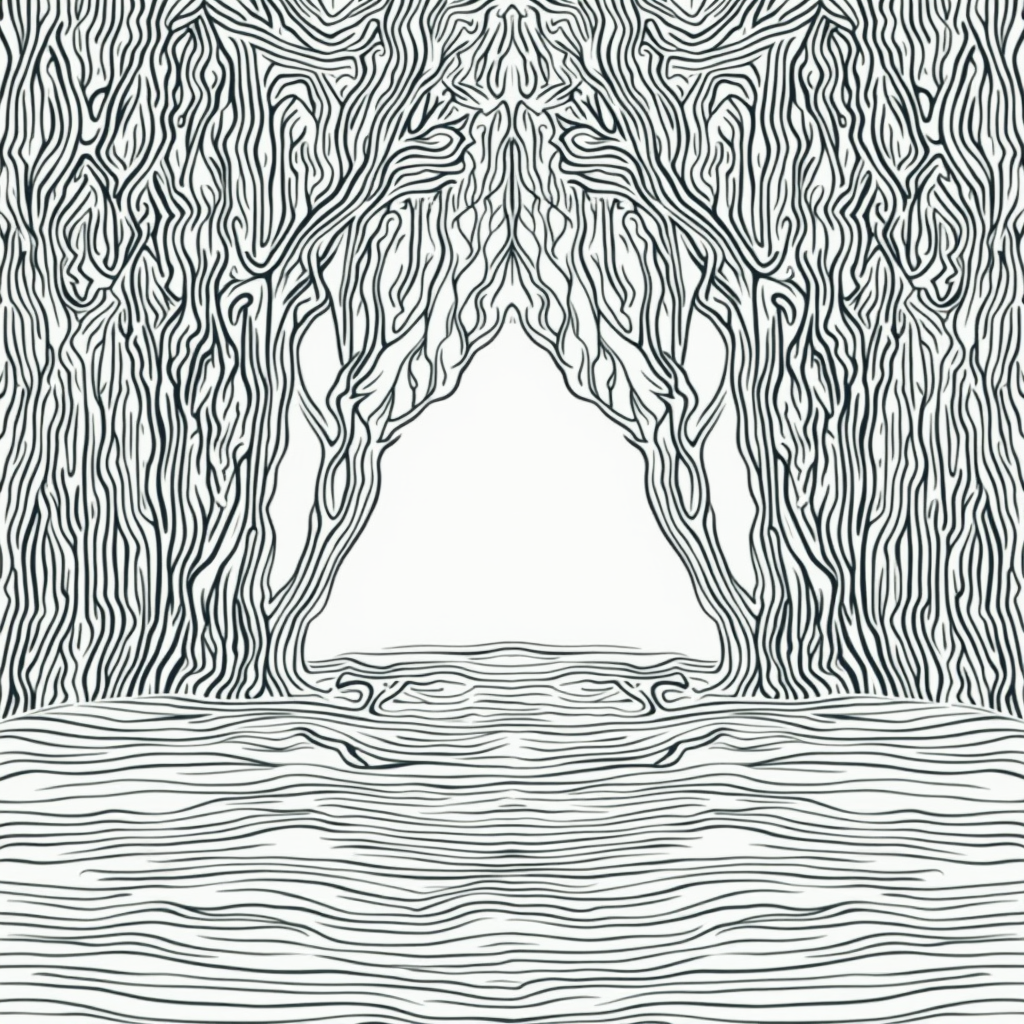 An abstract line art pattern where lines representing forest canopy (e.g., stylized leaves, branches) are layered above or merge with lines representing water patterns (e.g., concentric ripples, flowing streams).