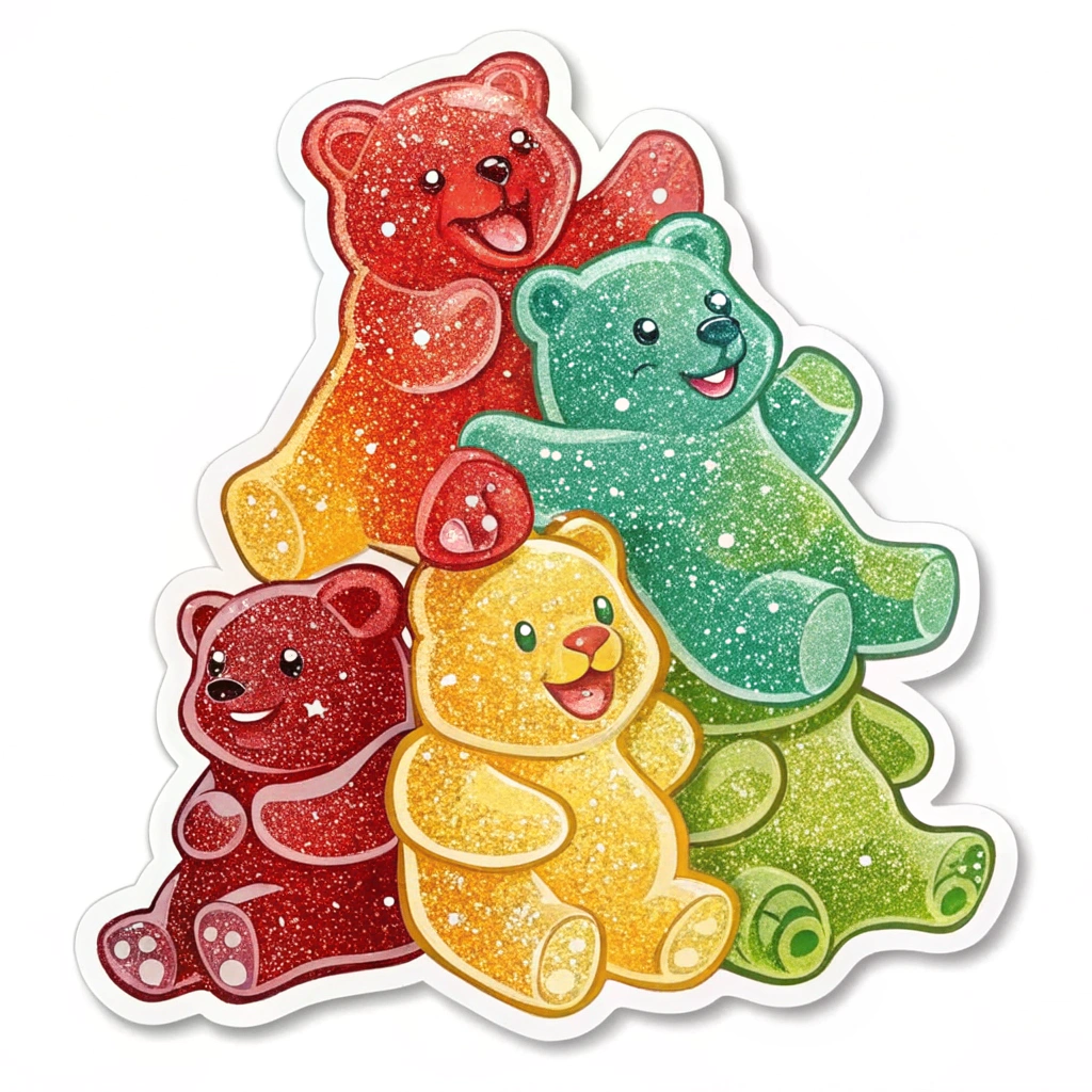 Glitter Blast Gummy Sticker: A sticker of a classic colorful gummy bear pile-up, but with a special print finish incorporating actual glitter elements or a high-sparkle holographic effect to make the gummies look extra enticing and festive.
