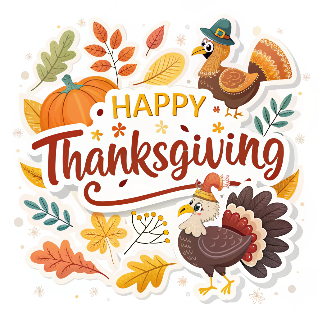 The image shows a happy Thanksgiving card with a turkey wearing a pilgrim hat and surrounded by leaves and a pumpkin. The text reads 