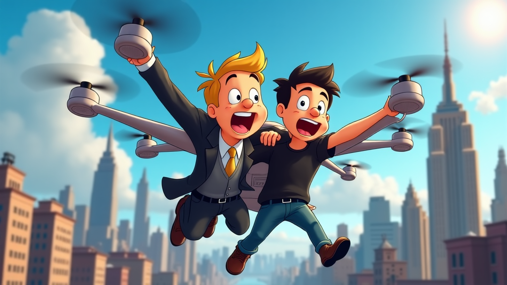 Funny cartoon of Donald Trump and Elon Musk hanging from a giant drone, navigating through New York City, with a surprised expression on both characters.