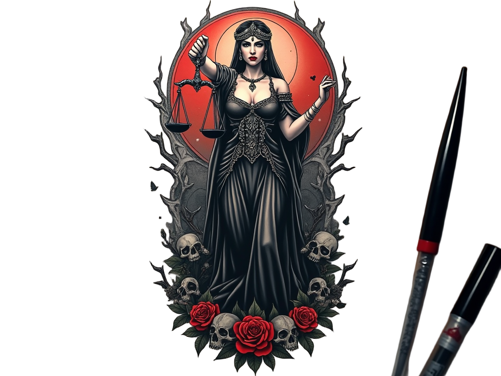 A rich and moody color palette enhances a gothic-inspired Lady Justice tattoo, with skulls and roses embellishing her frame.