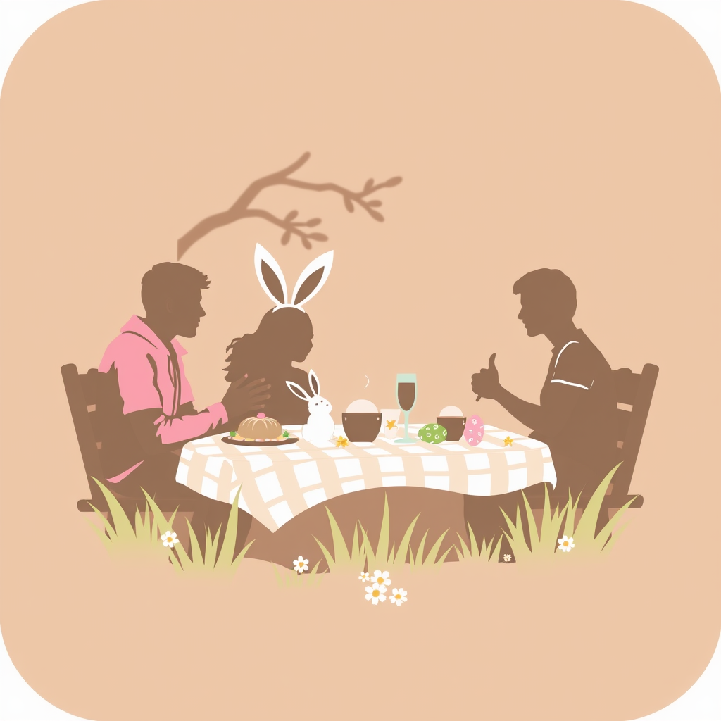 A silhouette of a family enjoying a picnic outdoors with Easter-themed elements like bunny ears or decorated eggs.