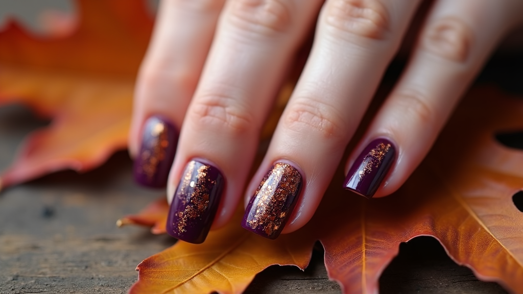 A subtle Thanksgiving nail set featuring deep plum nails with gleaming gold flakes, resembling a festive fall sunset.