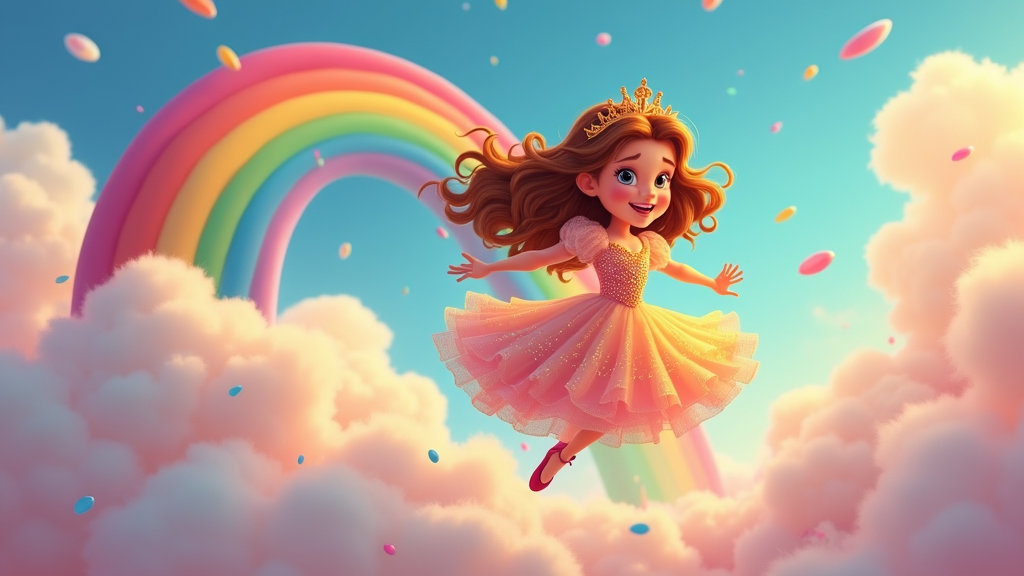 A playful princess with a tiara made of a rainbow arch, bouncing on a fluffy cloud, with a vibrant rainbow bridge extending behind her.