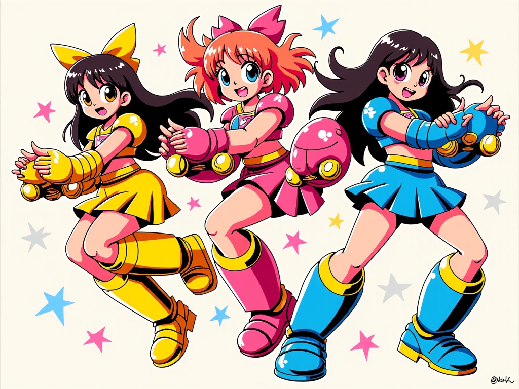 Retro Mecha Magical Girl Fusion: Illustrations depicting characters in 80s magical girl attire interacting with or piloting vintage-style mecha, utilizing cel-shading, vibrant retro color palettes, and dynamic action lines characteristic of the era.
