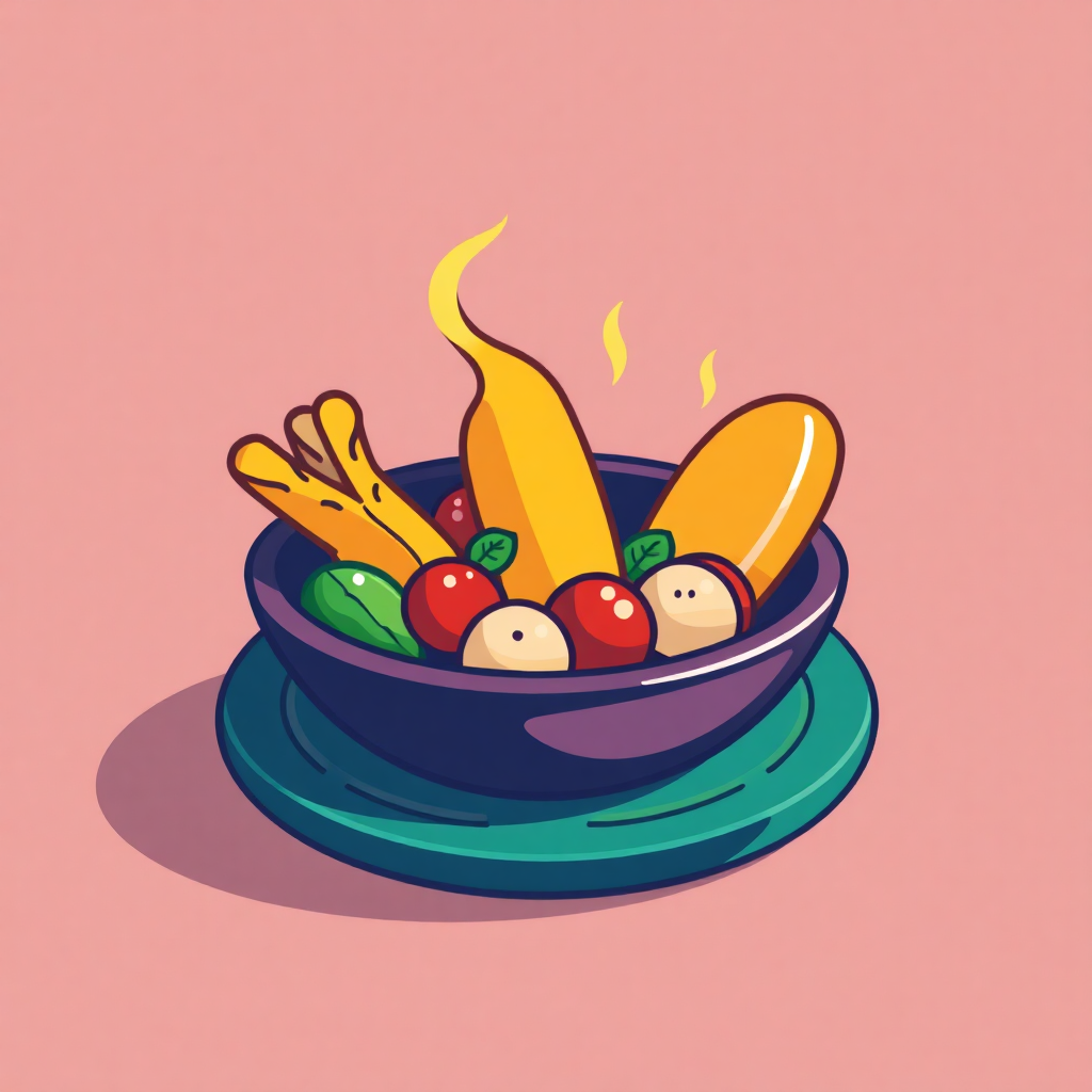 The image shows a bowl filled with a variety of fruits and vegetables on top of a pink plate. The bowl is animated, giving the impression that the food is freshly cooked and ready to be enjoyed.