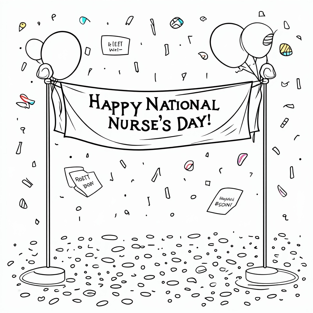 A festive scene with the 'Happy National Nurse's Day!' banner strung between two IV poles or hospital screens. Below, add other celebratory elements like balloons, confetti, and representations of 'get well soon' cards.