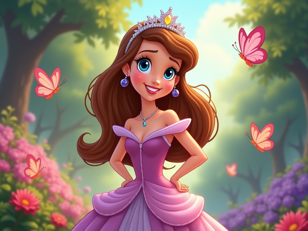 A cartoon princess with large, expressive eyes and a wide, friendly smile. She wears a sparkling tiara that reflects light, and has a flowing, elegant dress. The colors are bright and cheerful, with a soft, pastel palette.