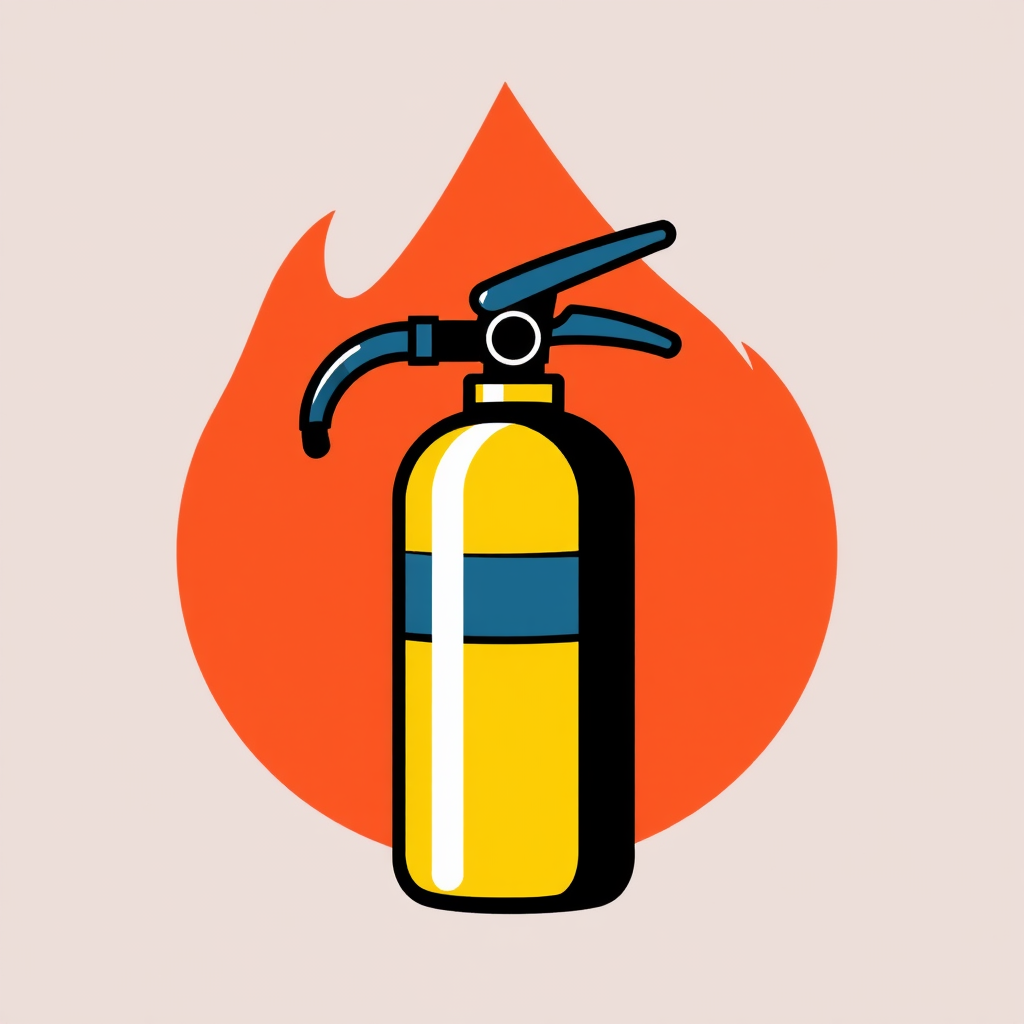 A fire extinguisher with a flame in the background, partially extinguished.