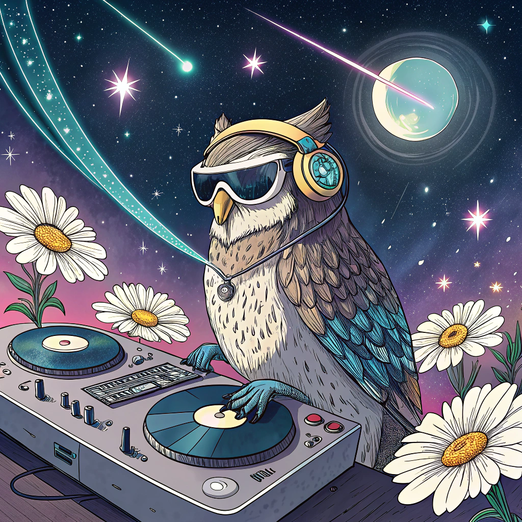 A sticker of a cool owl as a DJ, wearing headphones or a visor, at a cosmic console. The backdrop is a dynamic starry sky with EDC-style light trails and lasers, and daisy motifs on the decks.