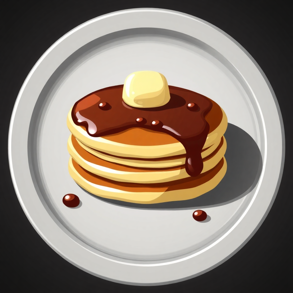 The image is a digital illustration of a stack of pancakes on a white plate. The pancakes are golden brown and appear to be freshly made. On top of the stack, there is a dollop of butter and drizzled with chocolate sauce. There are also a few small drops of syrup scattered around the plate, adding a pop of color to the image. The background is black, making the plate and pancakes stand out.