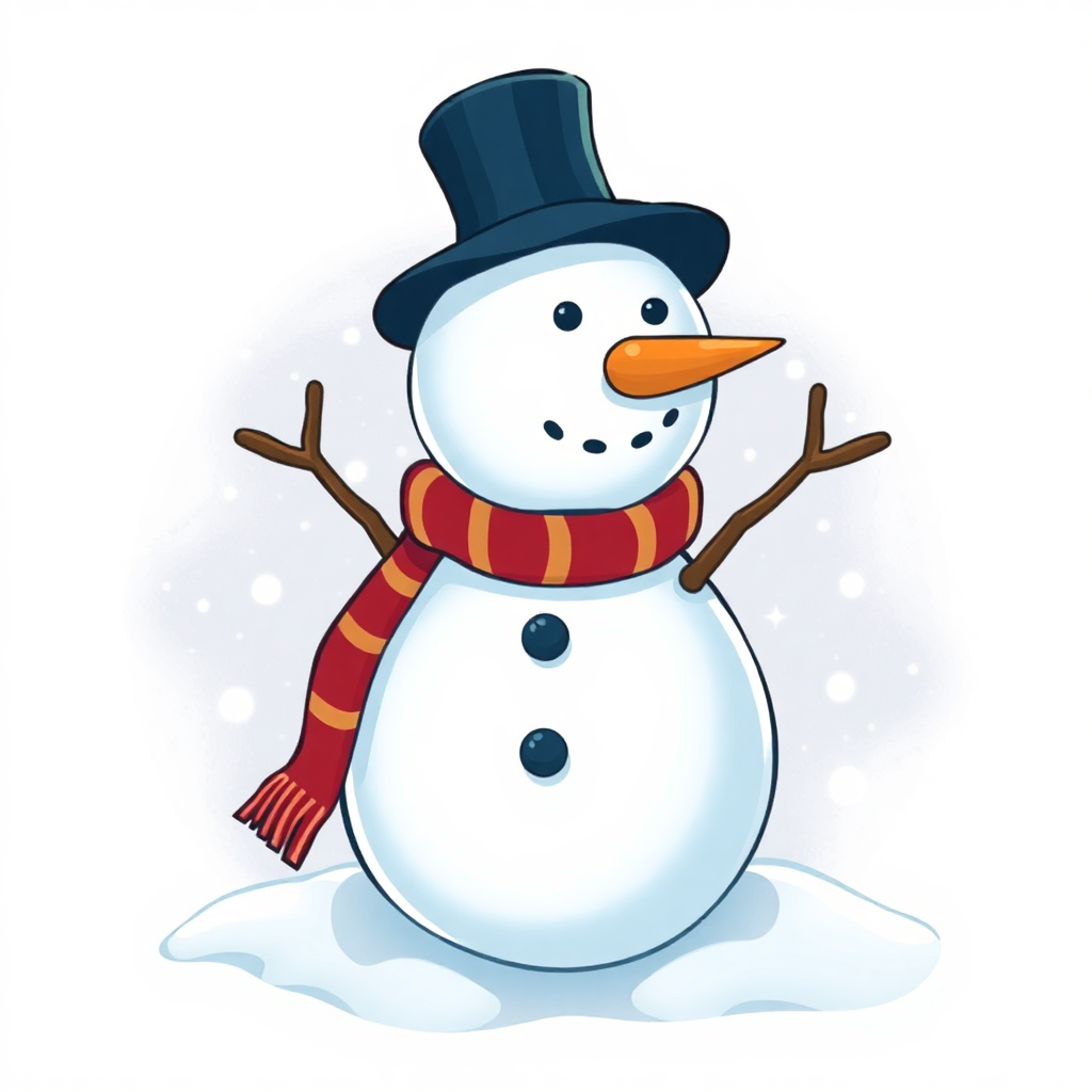 The image shows a snowman wearing a top hat and scarf, standing in the snow with a white background.