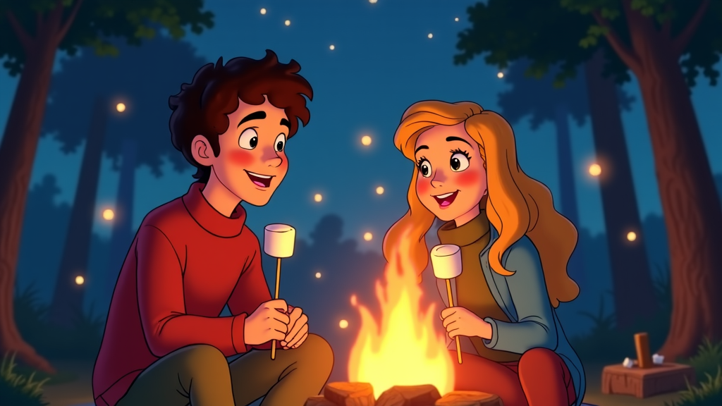 A cartoon couple sitting by a campfire in the woods, roasting marshmallows and telling stories, with fireflies lighting up the night.