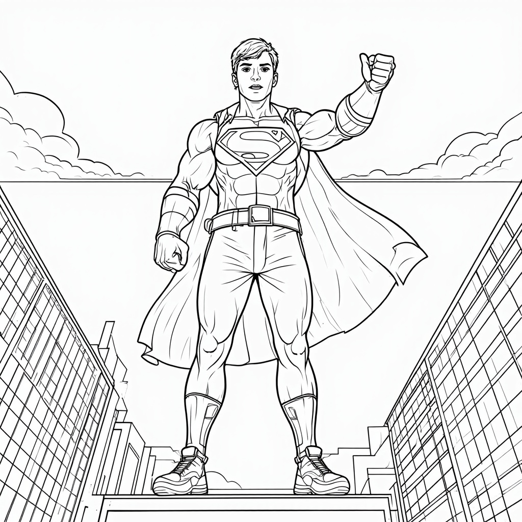A cityscape scene where a character is ripping open their shirt to reveal a superhero emblem underneath, ready to fly into action.