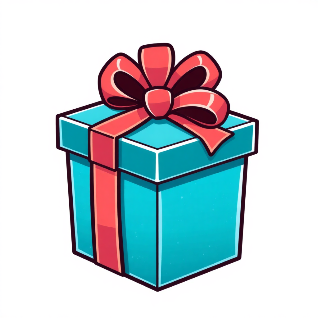 The image is a cartoon illustration of a gift box. The box is square in shape and has a blue exterior with a red ribbon tied in a bow on top. The ribbon is tied in an elegant manner with a large red bow in the center. The bow is symmetrical and appears to be made of a shiny material. The background is white, making the colors of the box and ribbon stand out.