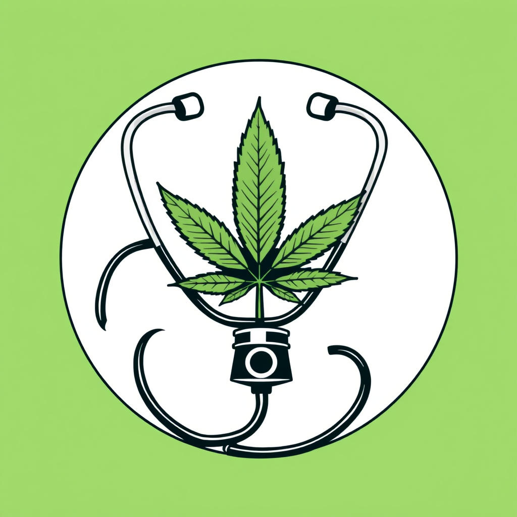 A circular badge design where the stethoscope tubing creates the encompassing circular frame. A stylized cannabis leaf is centrally featured within this frame, possibly with the stethoscope bell integrated as a lower accent.
