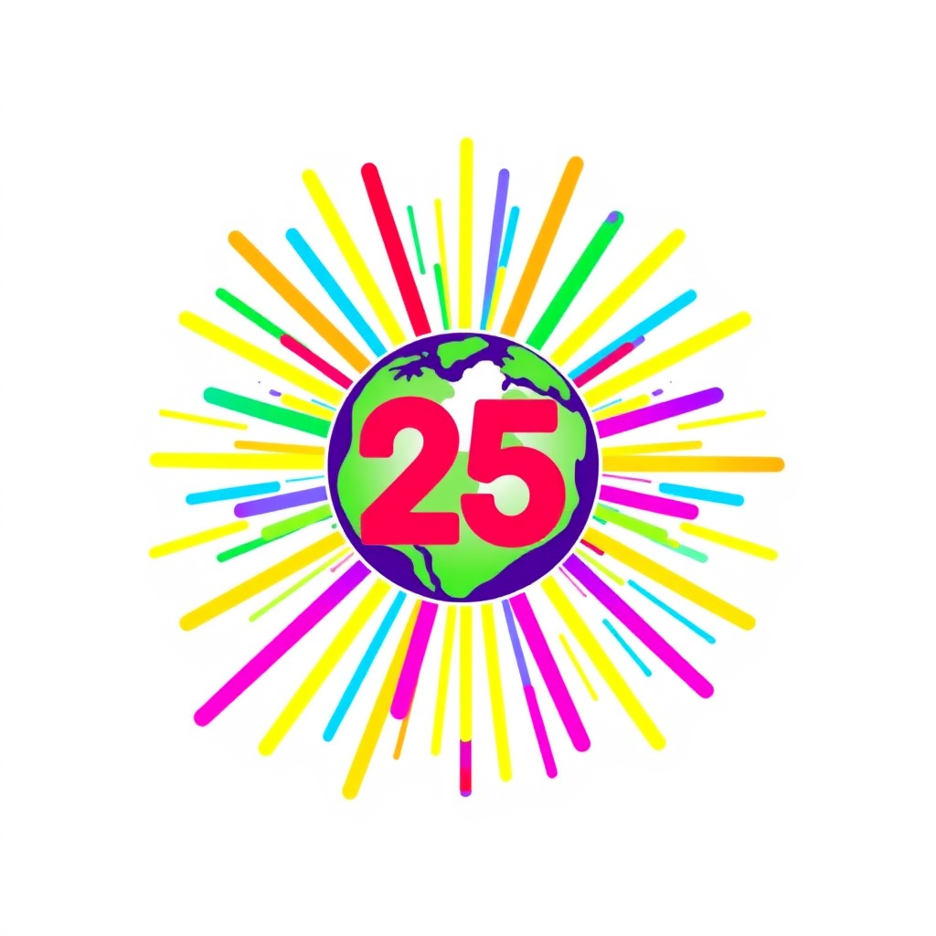 Sub Design Idea 3: A dynamic burst of rainbow colors emanating from a central point, which could be a simplified Earth or the number '25'. The burst signifies the global spread and celebration of Pride.