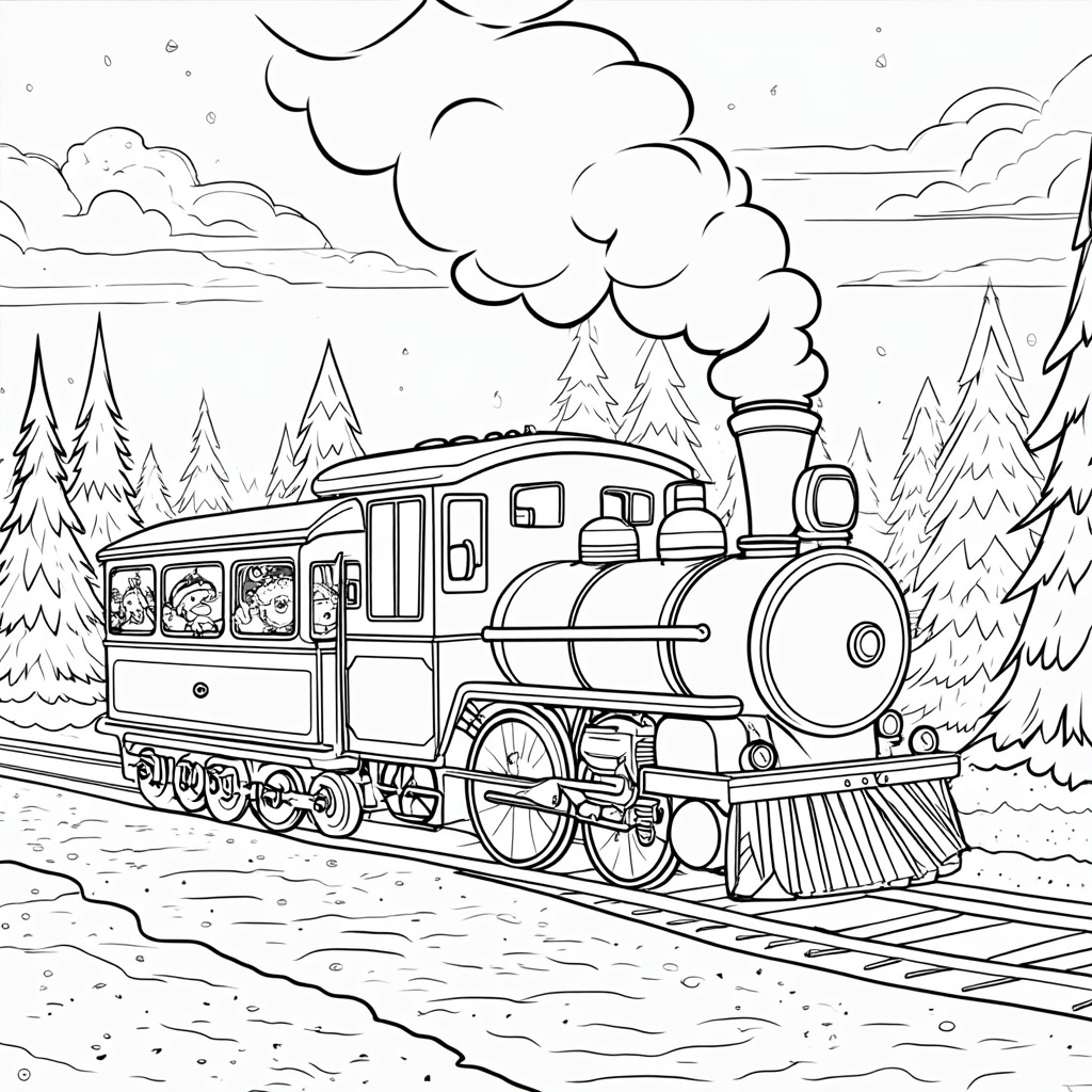 The image shows a sketch of a train on a railway track surrounded by trees and clouds in the sky. The train is drawn in black and white, giving it a classic and timeless look.