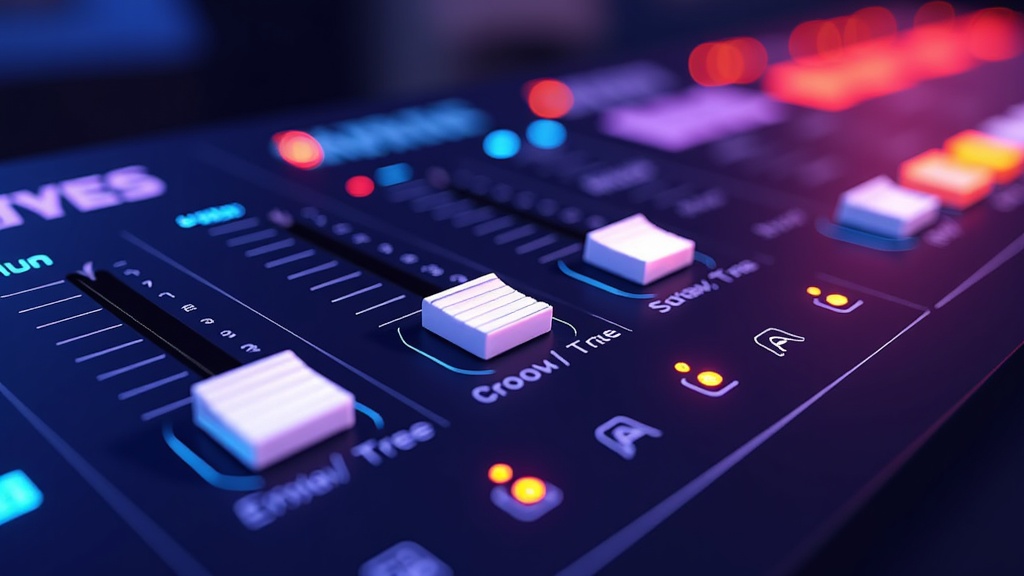 A visual metaphor using a set of volume or mixing console sliders. One slider is labeled 'Expression Freedom' and another 'Content Moderation', showing different levels of regulation being adjusted.