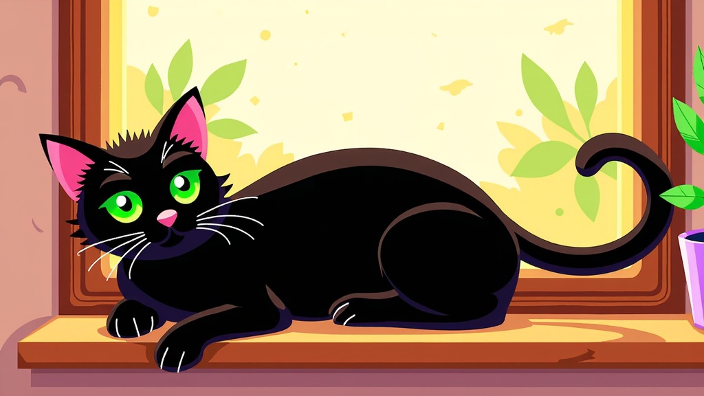 The image is an illustration of a black cat lying on a window sill. The cat is lying on its side with its body stretched out and its tail curled around its body. It has green eyes and pink ears. The window is open and there is a potted plant on the right side of the image. The background is a light pink color with green leaves. The overall style of the illustration is cartoon-like and the cat appears to be relaxed and comfortable.