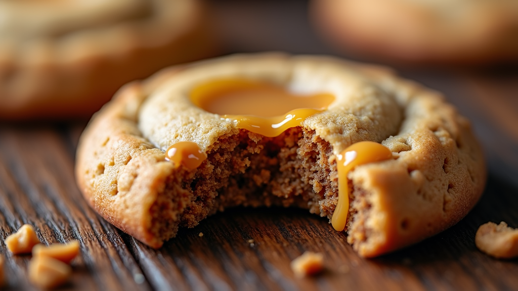 A cookie with a bite taken out of it with glaze dripping down the side