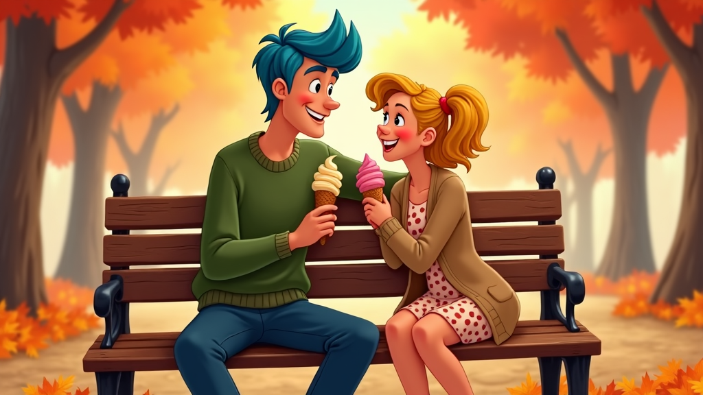 A cartoon couple sitting on a park bench during fall, surrounded by colorful fallen leaves and sharing an ice cream cone.