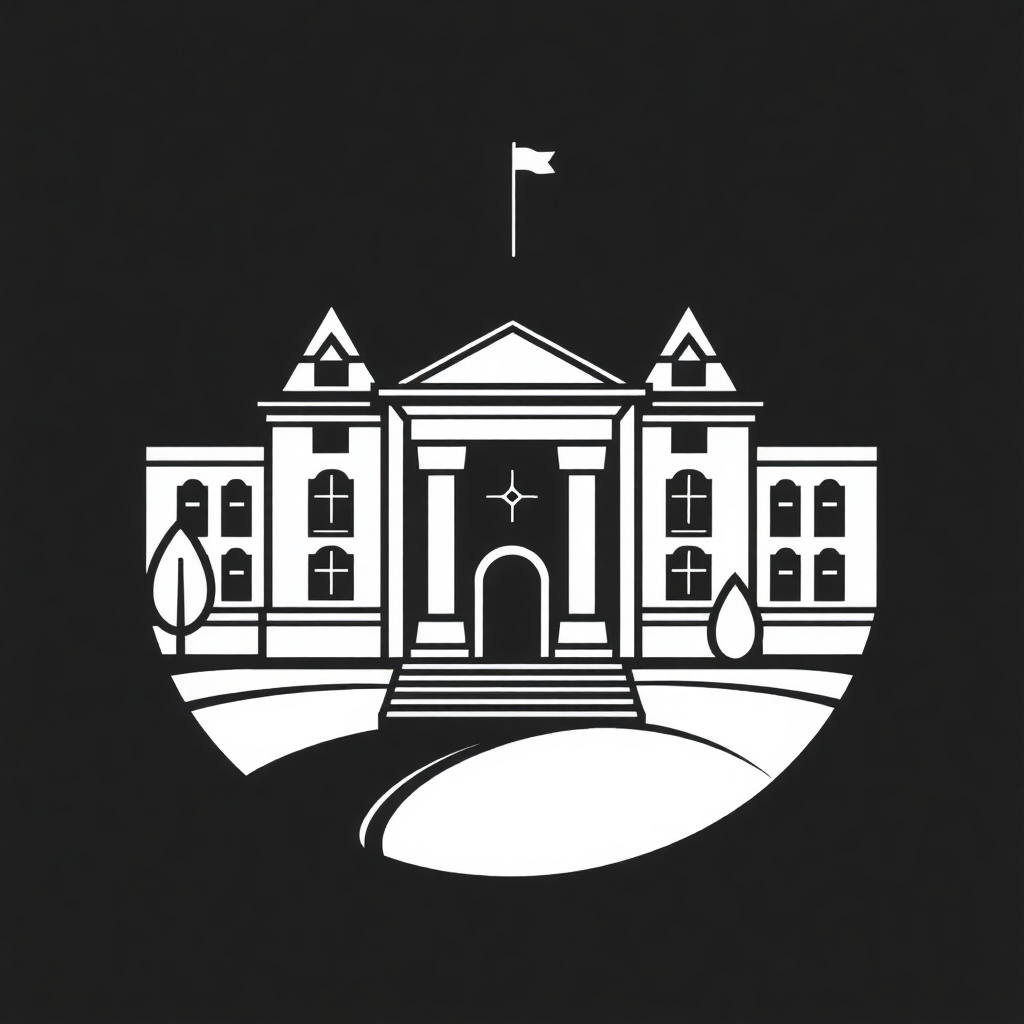 The image is a black and white illustration of a large building with a flag on top. The building appears to be a college or university campus, with multiple levels and arched windows. The entrance of the building has a large arched doorway with a cross in the center, flanked by two columns on either side. Above the entrance, there is a small flagpole with a white flag flying in the wind. The ground is covered in grass and there are two trees on either end of the entrance. The overall design is simple and minimalistic.