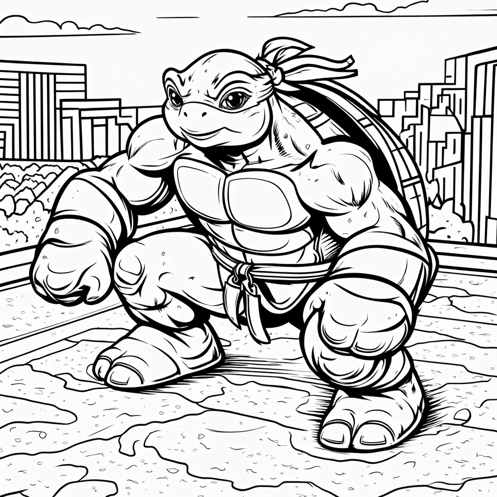 The image shows a sketch of a teenage mutant ninja turtle, Leonardo, surrounded by buildings and a sky. It is a free printable coloring page, perfect for kids to enjoy.