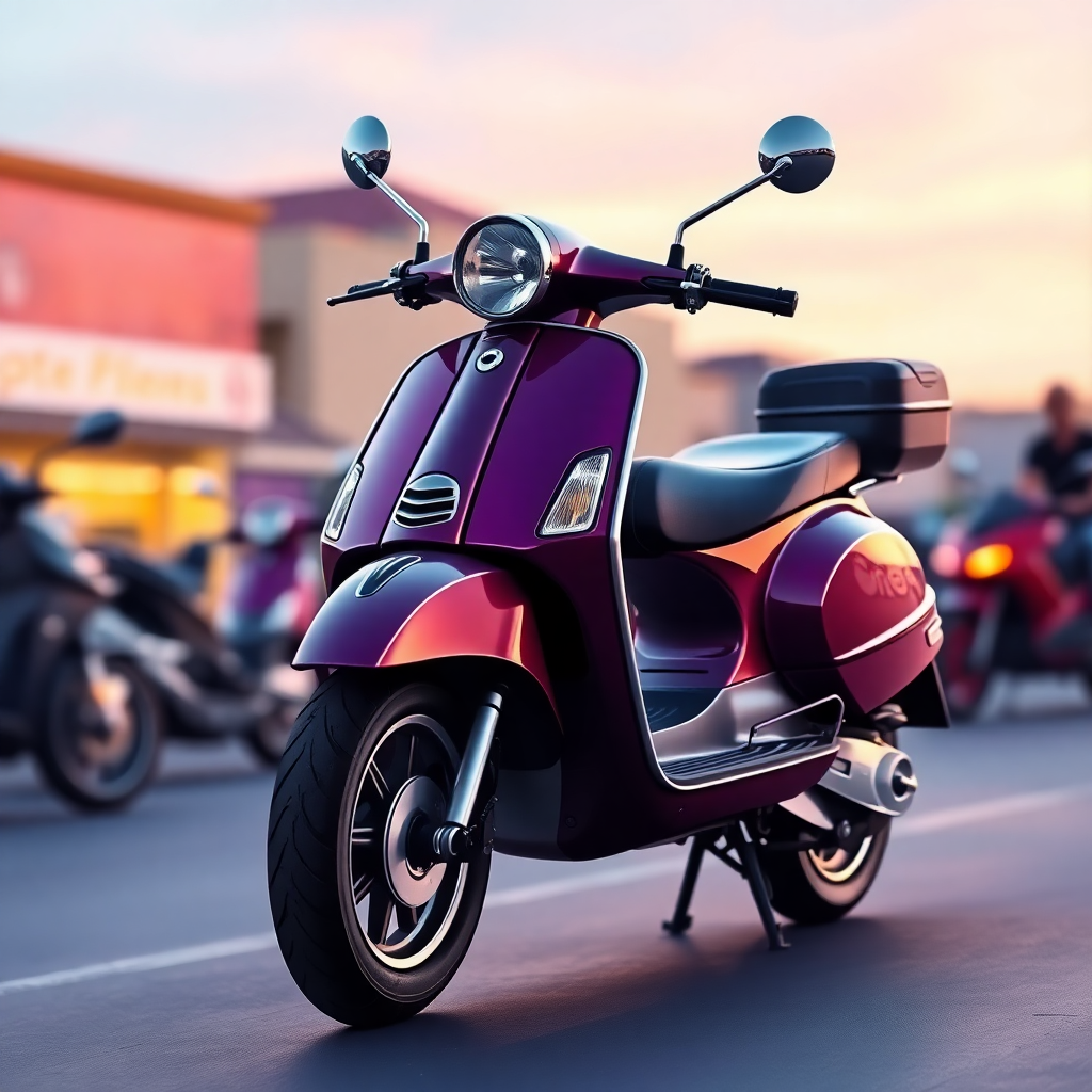  a purple scooter parked on the side of a street. The scooter has a sleek design with a round headlight and two side mirrors on the front. It has a black seat and a black luggage rack on the back. The motorcycle is parked on a concrete pavement with other scooters and motorcycles in the background. The sky is blue and the sun is setting, casting a warm glow over the scene. The overall mood of the image is peaceful and serene.