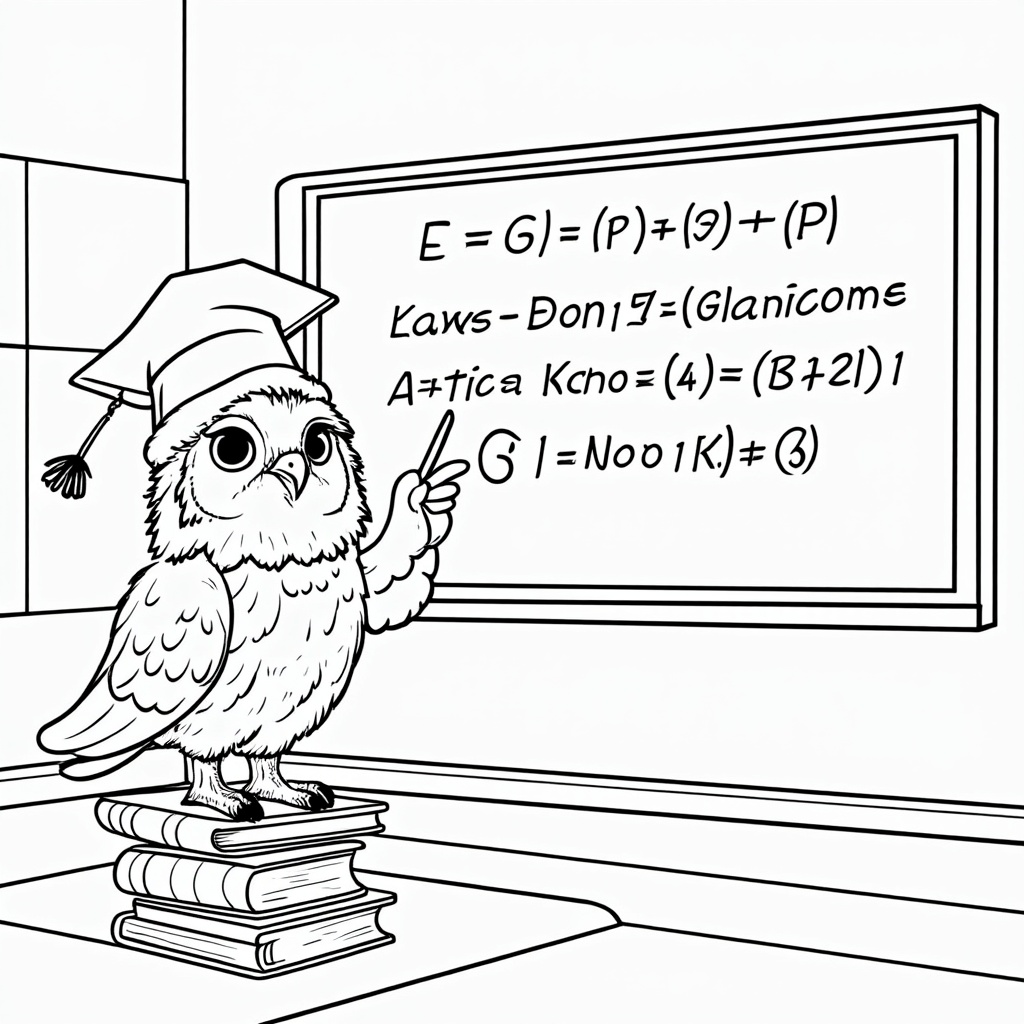 Owl Professor and Blackboard: An owl with a graduation cap standing before a chalkboard filled with simple equations or uplifting words, holding a pointer, with books at its feet.